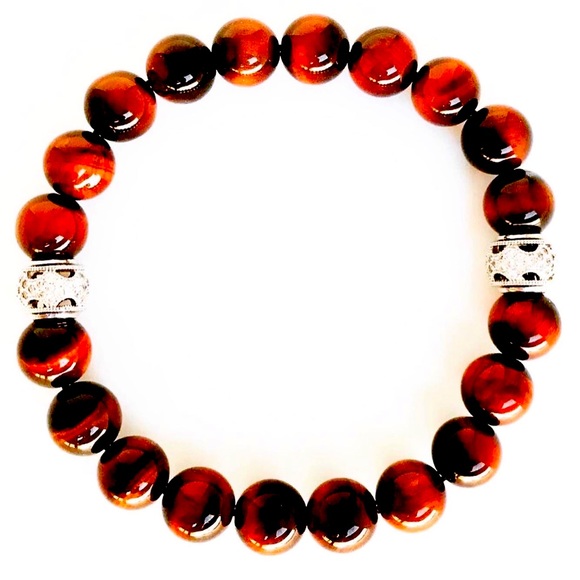 Men’s Red Tiger’s Eye + Rhodium Bracelet - Picture 1 of 2